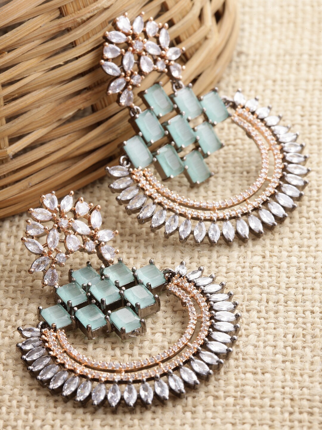 

ZENEME Sea Rose Gold Plate Circular Chandbalis Earrings, Sea green