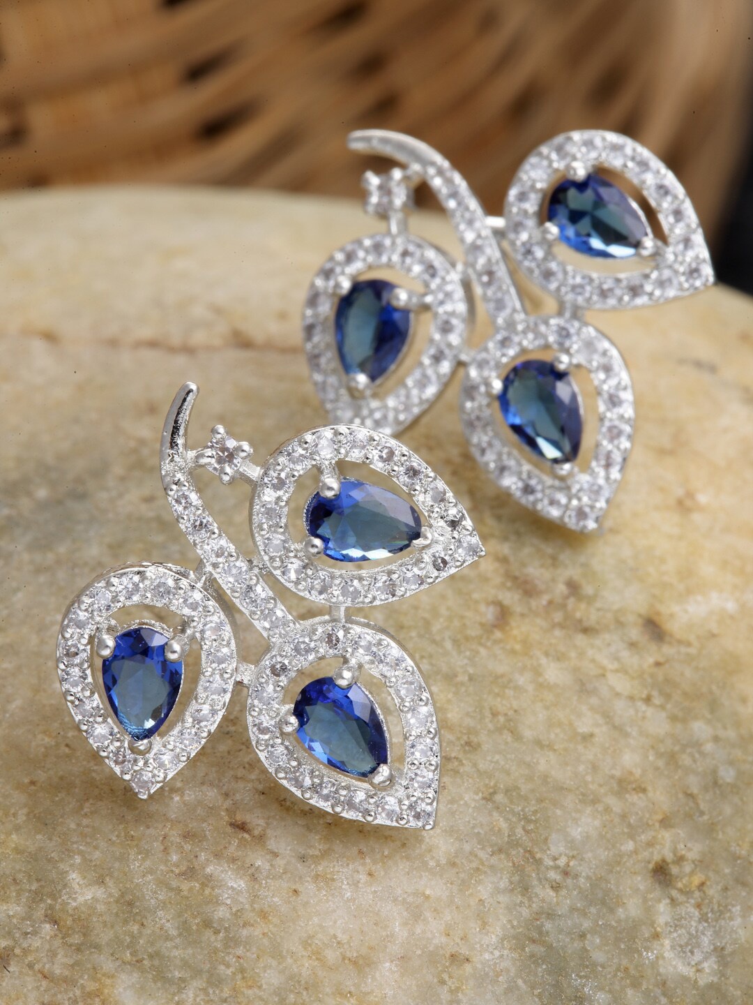 

ZENEME Rhodium-Plated American Diamond Leaf Shaped Studs Earrings, Blue