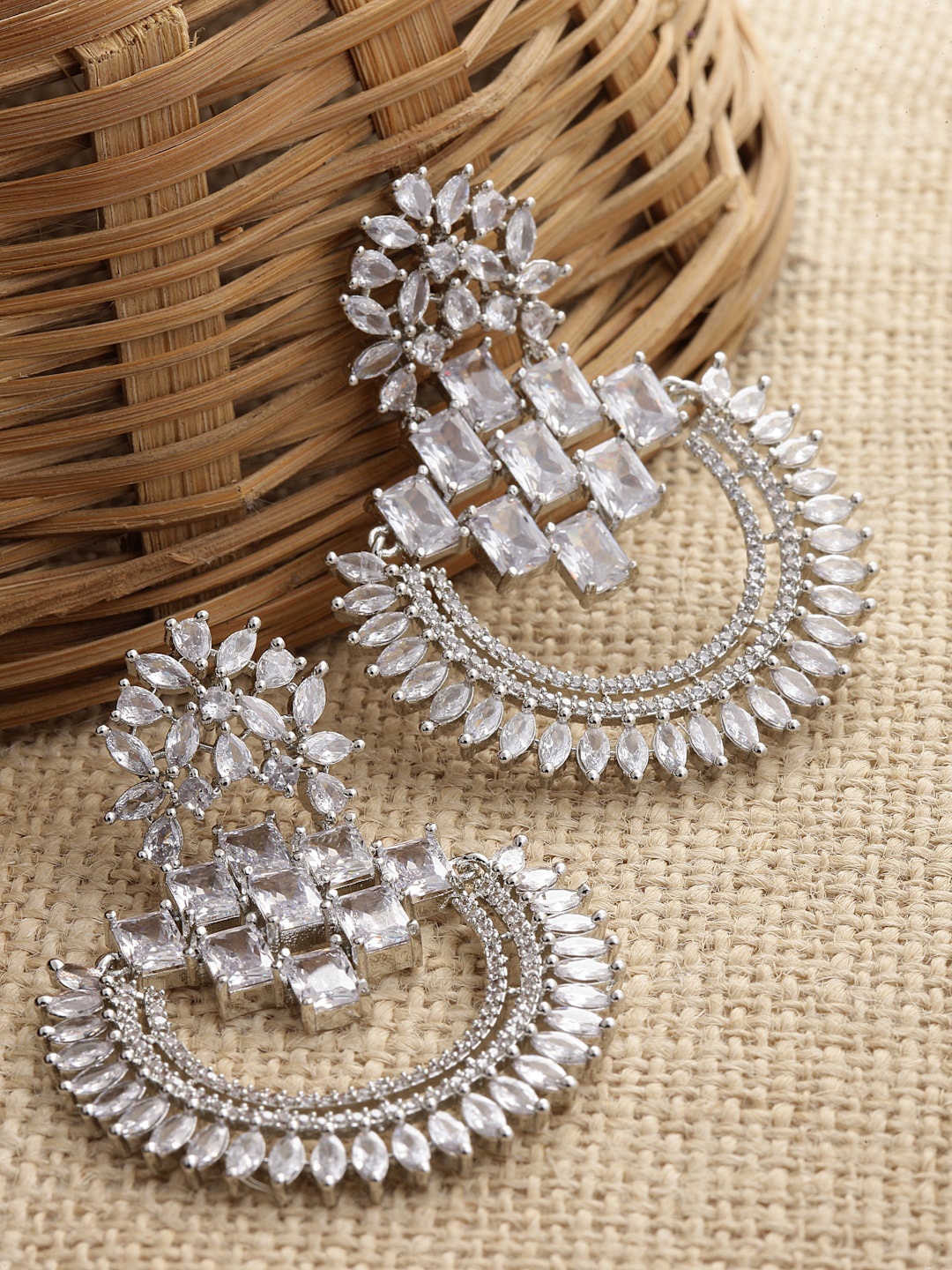

ZENEME Rhodium-Plated Circular Chandbalis Earrings, White