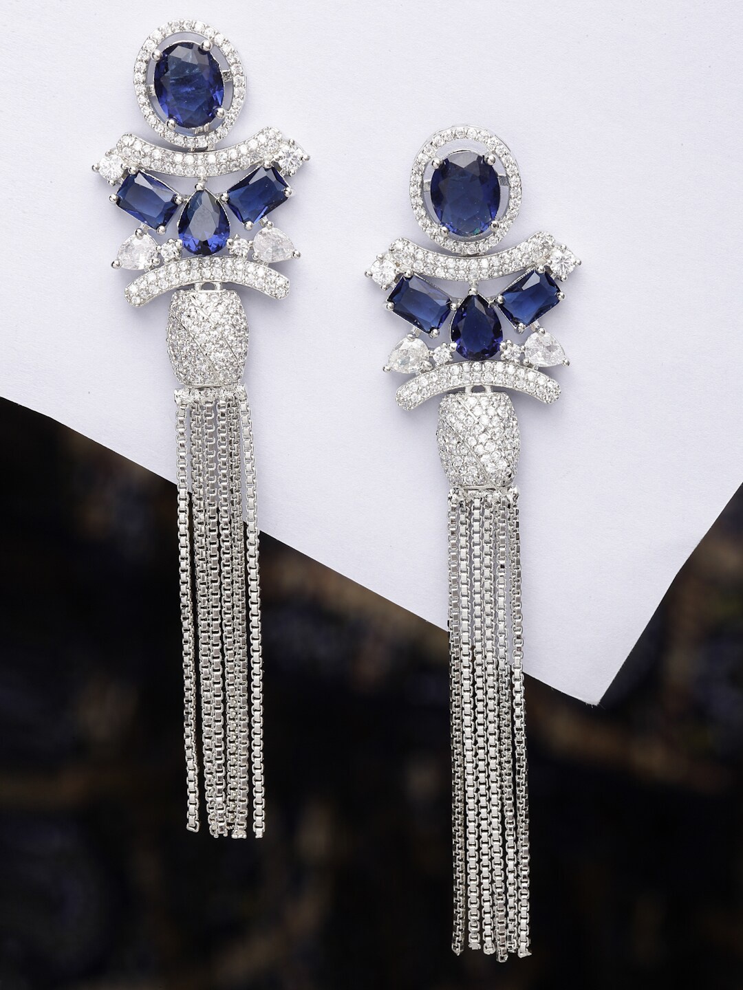 

ZENEME Rhodium-Plated American Diamond Contemporary Drop Earrings, Blue