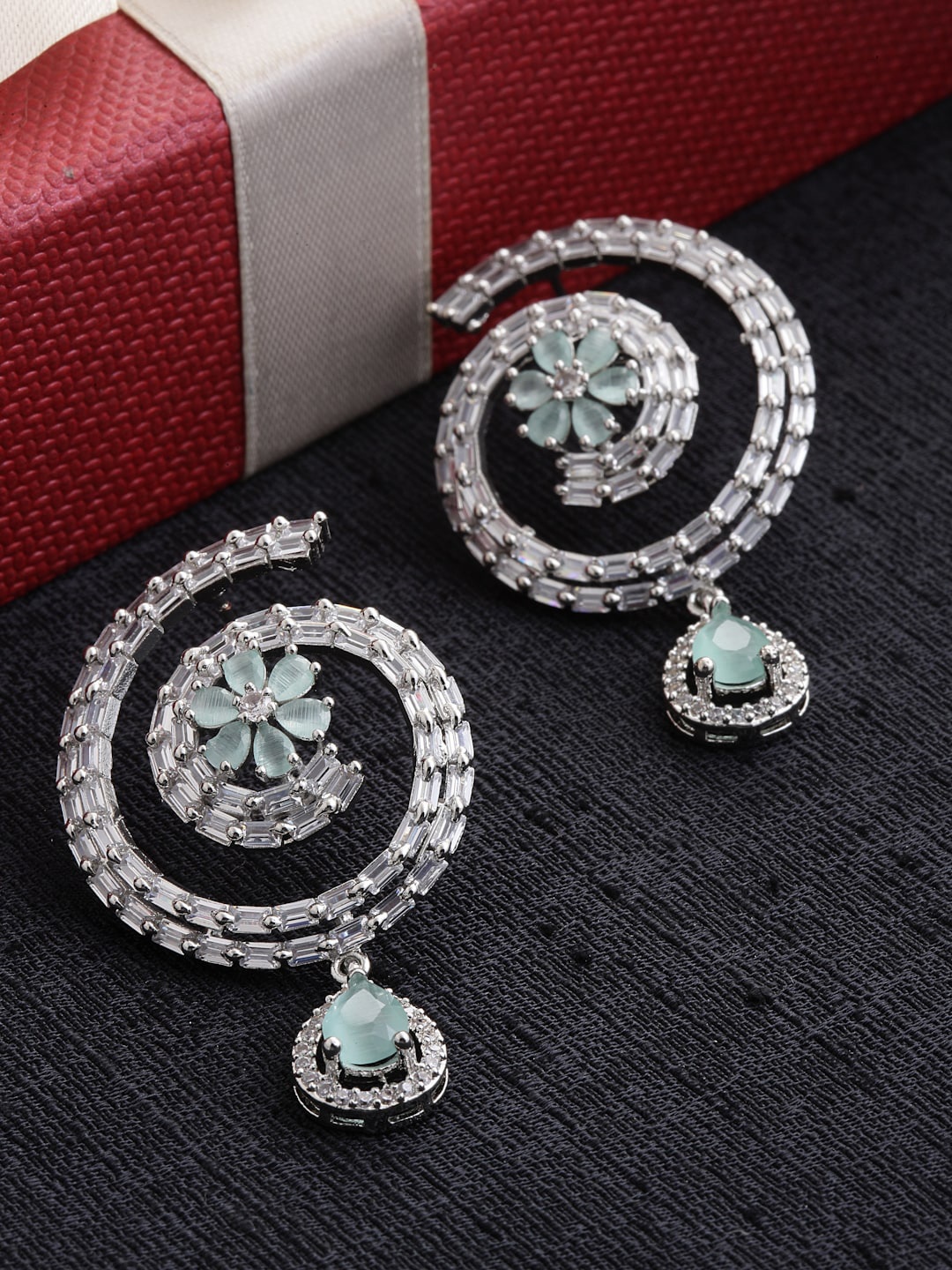 

ZENEME Rhodium-Plated American Diamond Circular Drop Earrings, Sea green