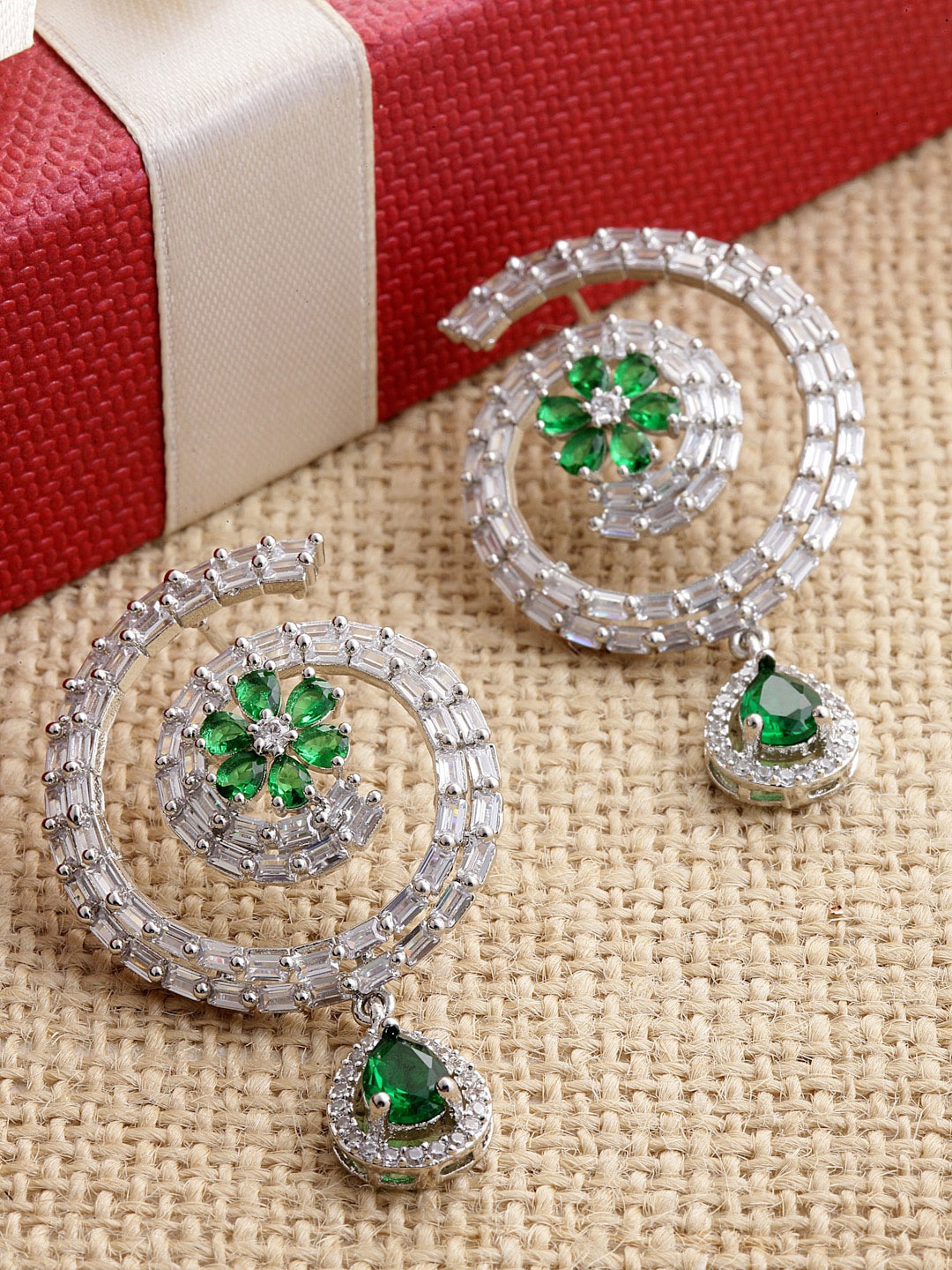 

ZENEME Rhodium-Plated American Diamond Circular Drop Earrings, Green