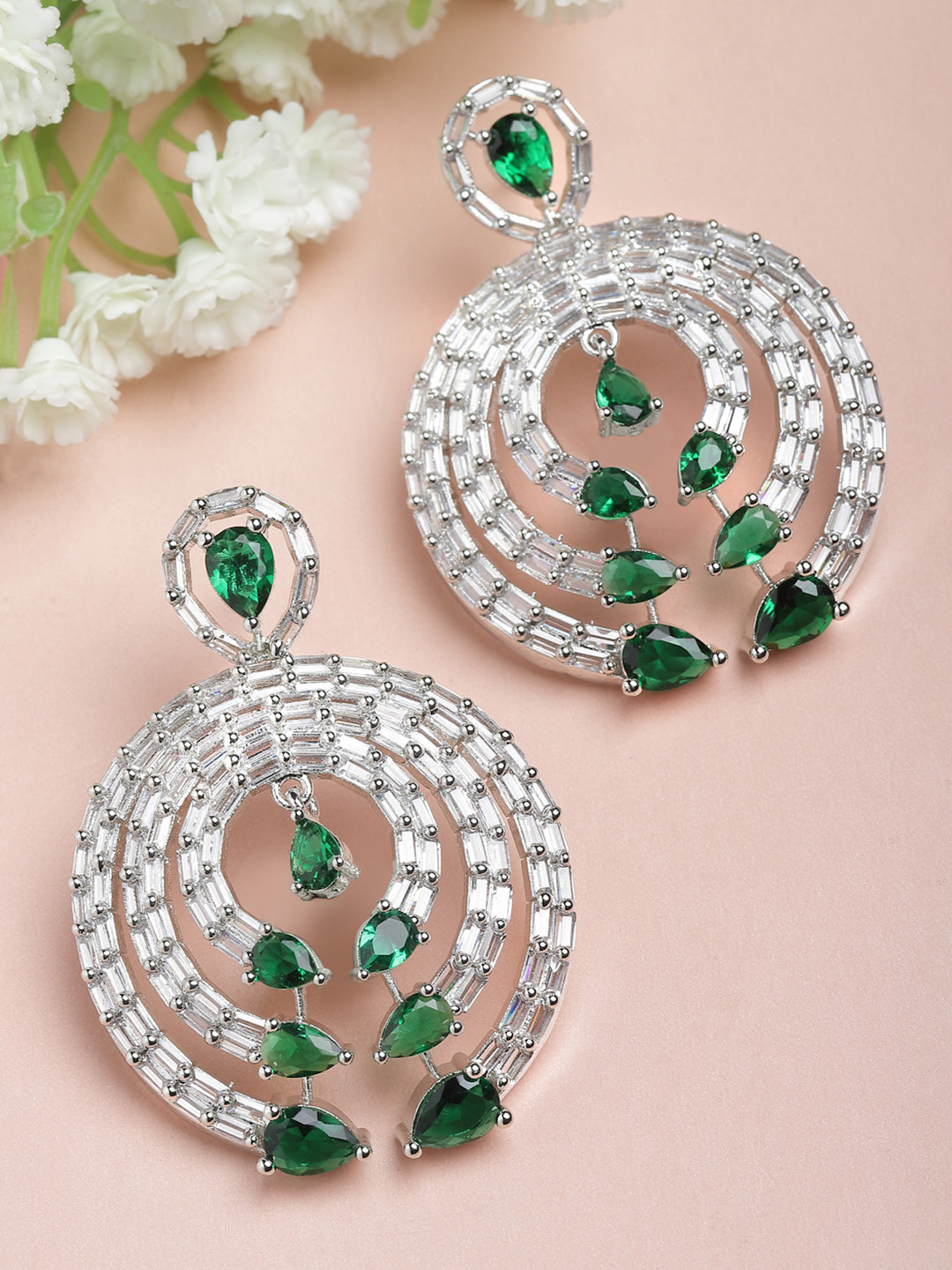 ZENEME Rhodium-Plated American Diamond Contemporary Drop Earrings