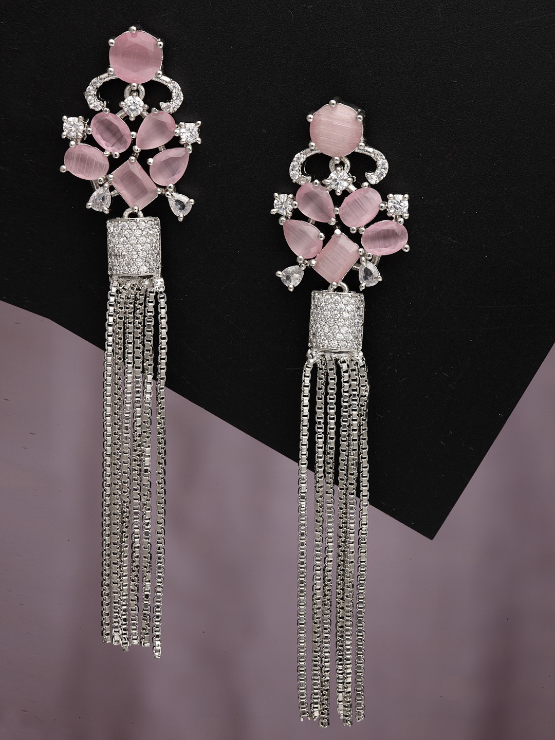 

ZENEME Rhodium-Plated American Diamond Contemporary Drop Earrings, Pink