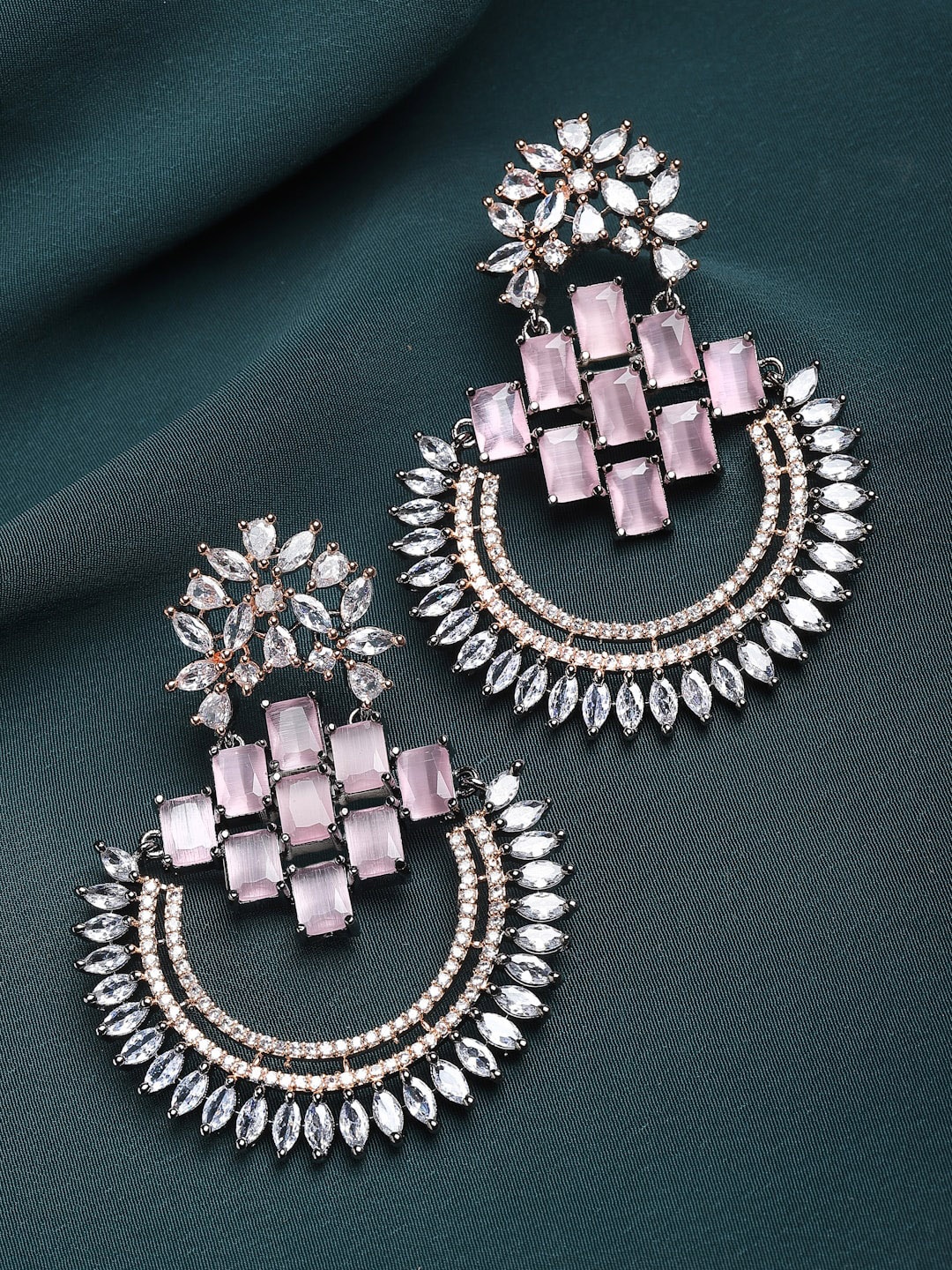 

ZENEME Rose Gold-Plated American Diamond Contemporary Chandbalis Earrings, Pink