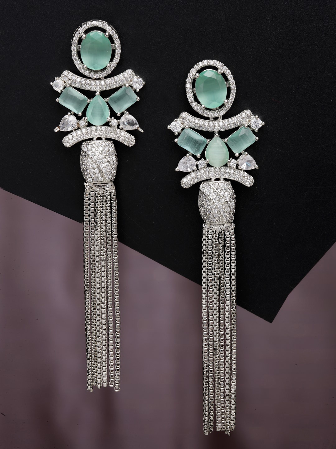 

ZENEME Rhodium-Plated American Diamond Contemporary Drop Earrings, Sea green
