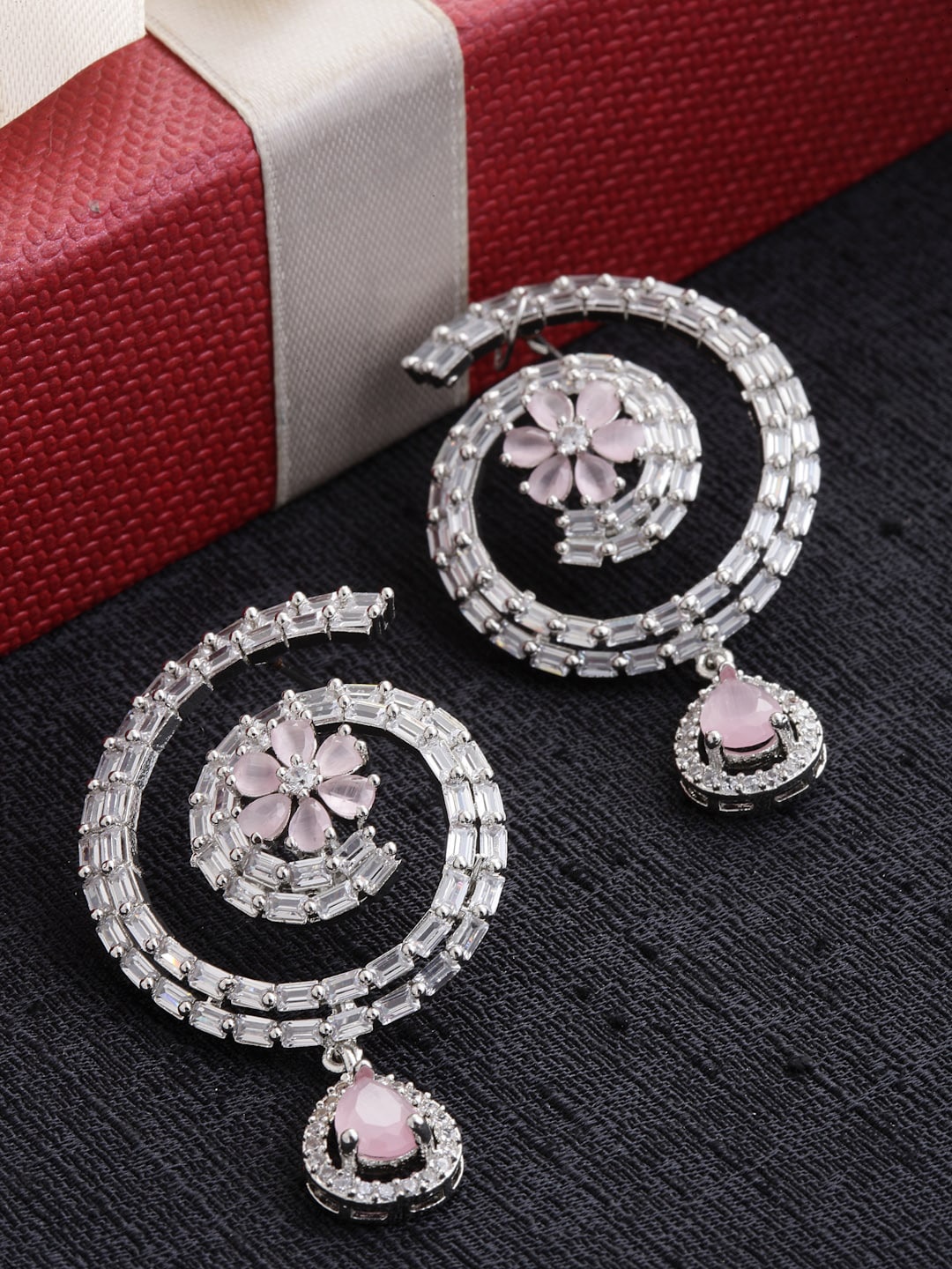 

ZENEME American Diamond Studded Rhodium-Plated Circular Drop Earrings, Pink