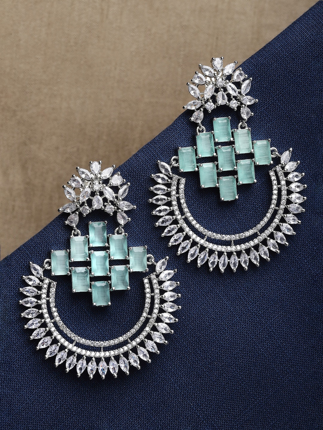 

ZENEME American Diamond Studded Rhodium-Plated Chandbalis Earrings, Sea green