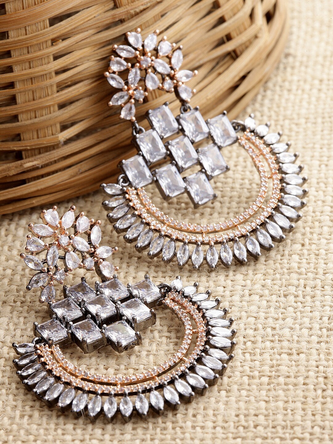 

ZENEME American Diamond Studded Rose Gold-Plated Chandbalis Earrings, White