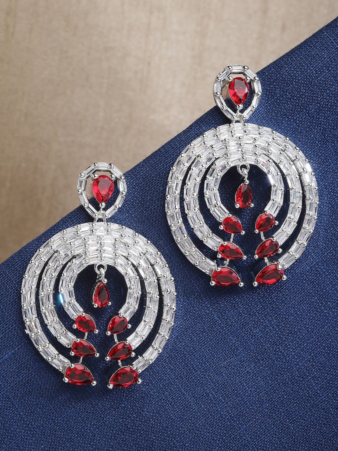 

ZENEME Rhodium Plated Contemporary Drop Earrings, Red
