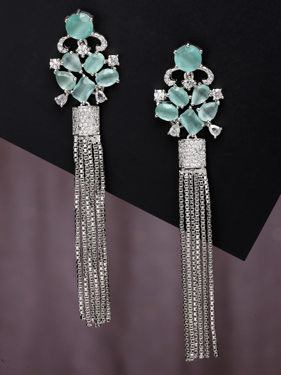 

ZENEME Rhodium Plated Contemporary Drop Earrings, Sea green