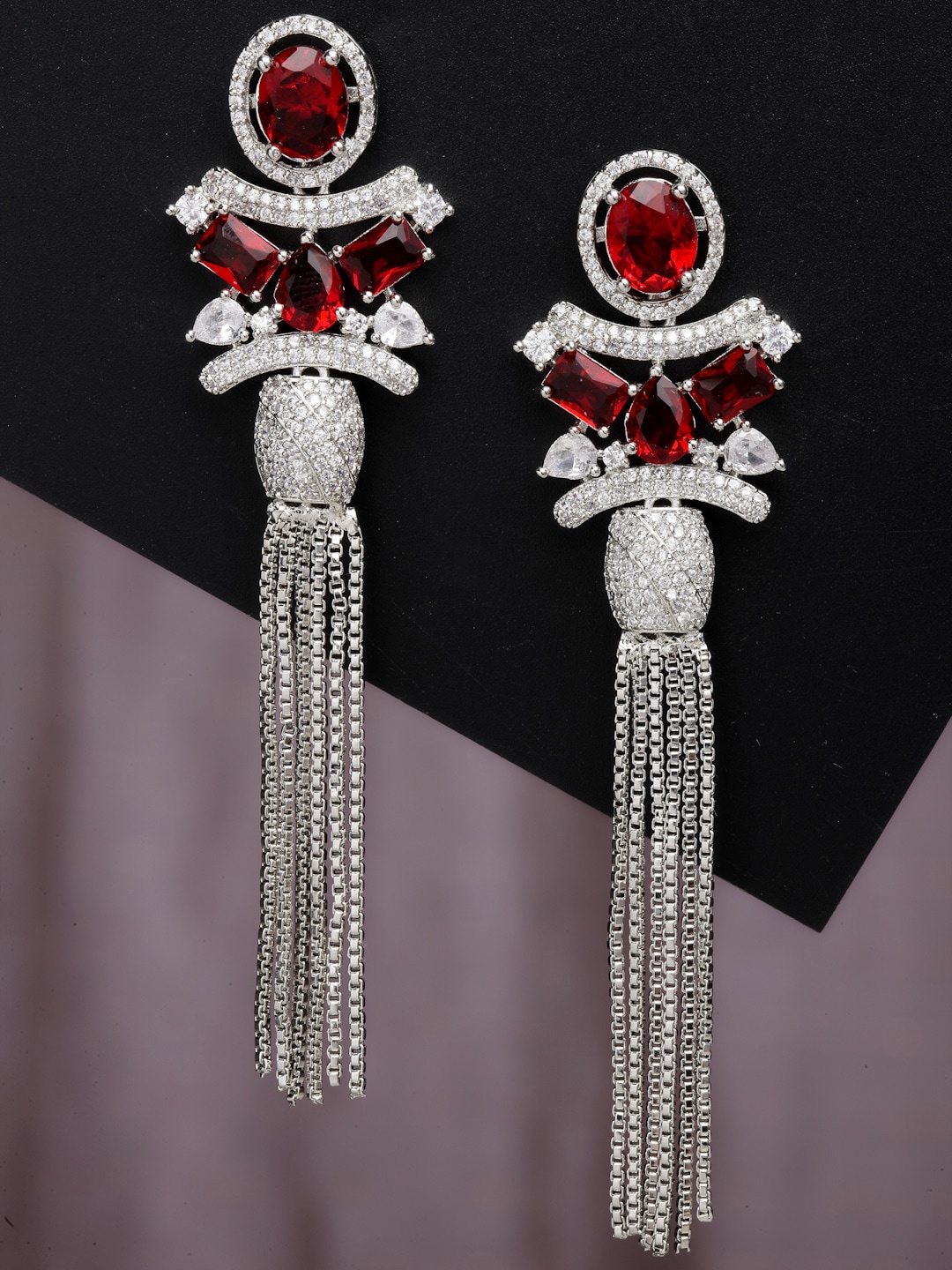 

ZENEME Rhodium Plated Contemporary Drop Earrings, Red