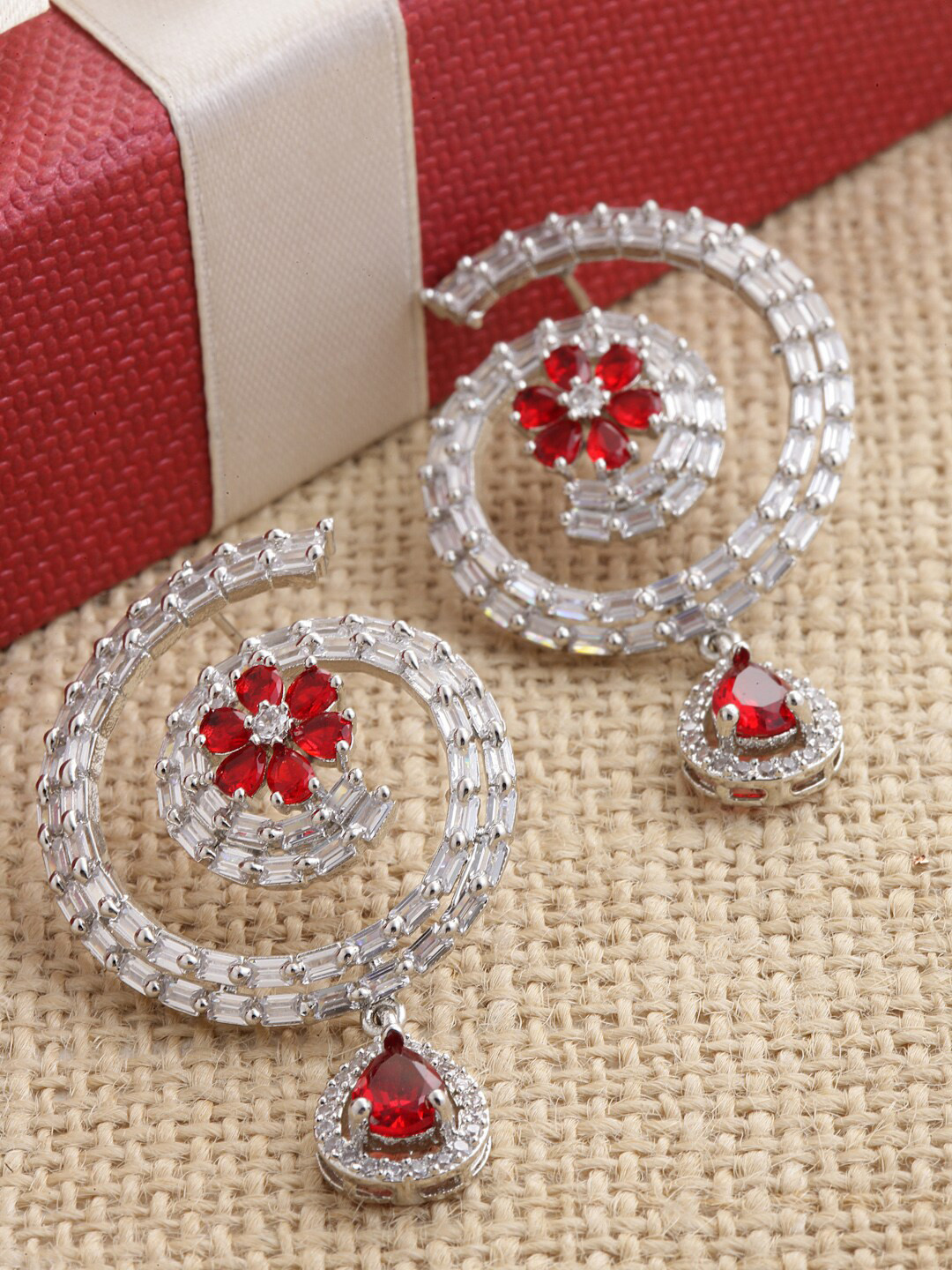 

ZENEME Rhodium Plated Circular Drop Earrings, Red