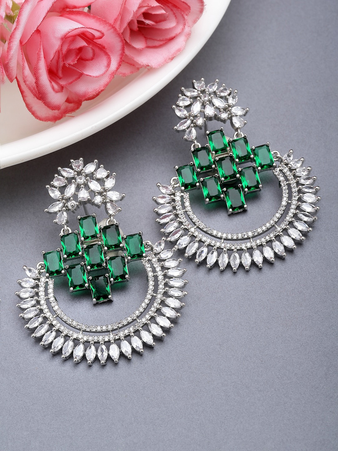 

ZENEME Rhodium Plated Circular Chandbalis Earrings, Green