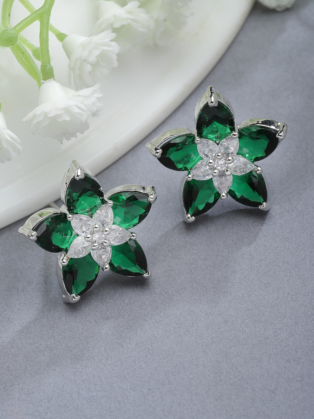 

ZENEME Rhodium Plated Floral Studs Earrings, Green