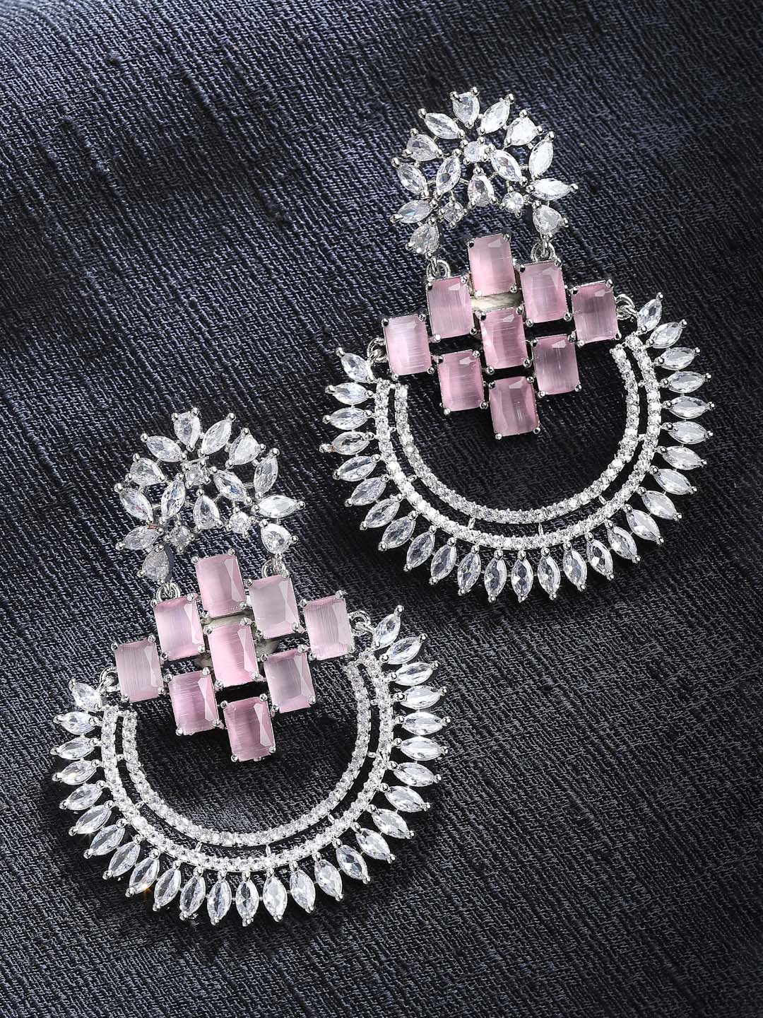 

ZENEME Rhodium Plated Circular Chandbalis Earrings, Pink