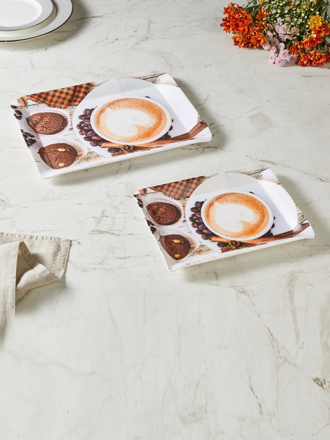 

Home Centre Razzle India-Selik White & Brown Set Of 2 Rectangular Melamine Serving Trays