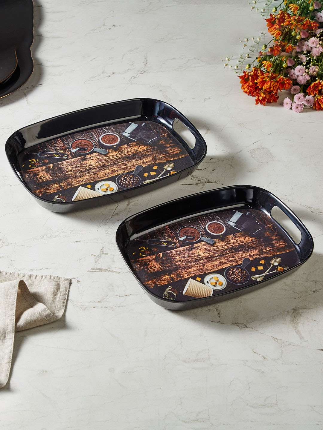 

Home Centre Razzle India-Selik Black & Brown Set Of 2 Printed Melamine Serving Trays