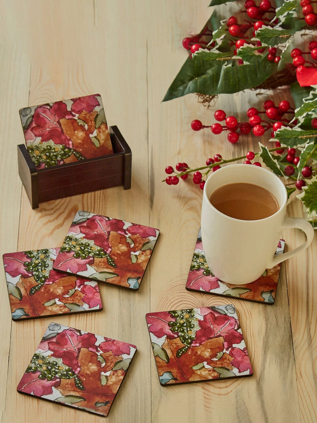 

Home Centre Carols Set of 6 Brown Printed Wooden Coasters With Stand