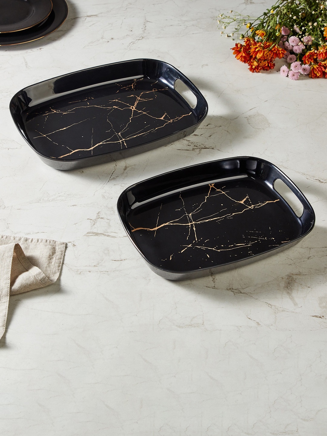 

Home Centre Razzle India-Selik Set of 2 Black Printed Rectangular Melamine Serving Trays