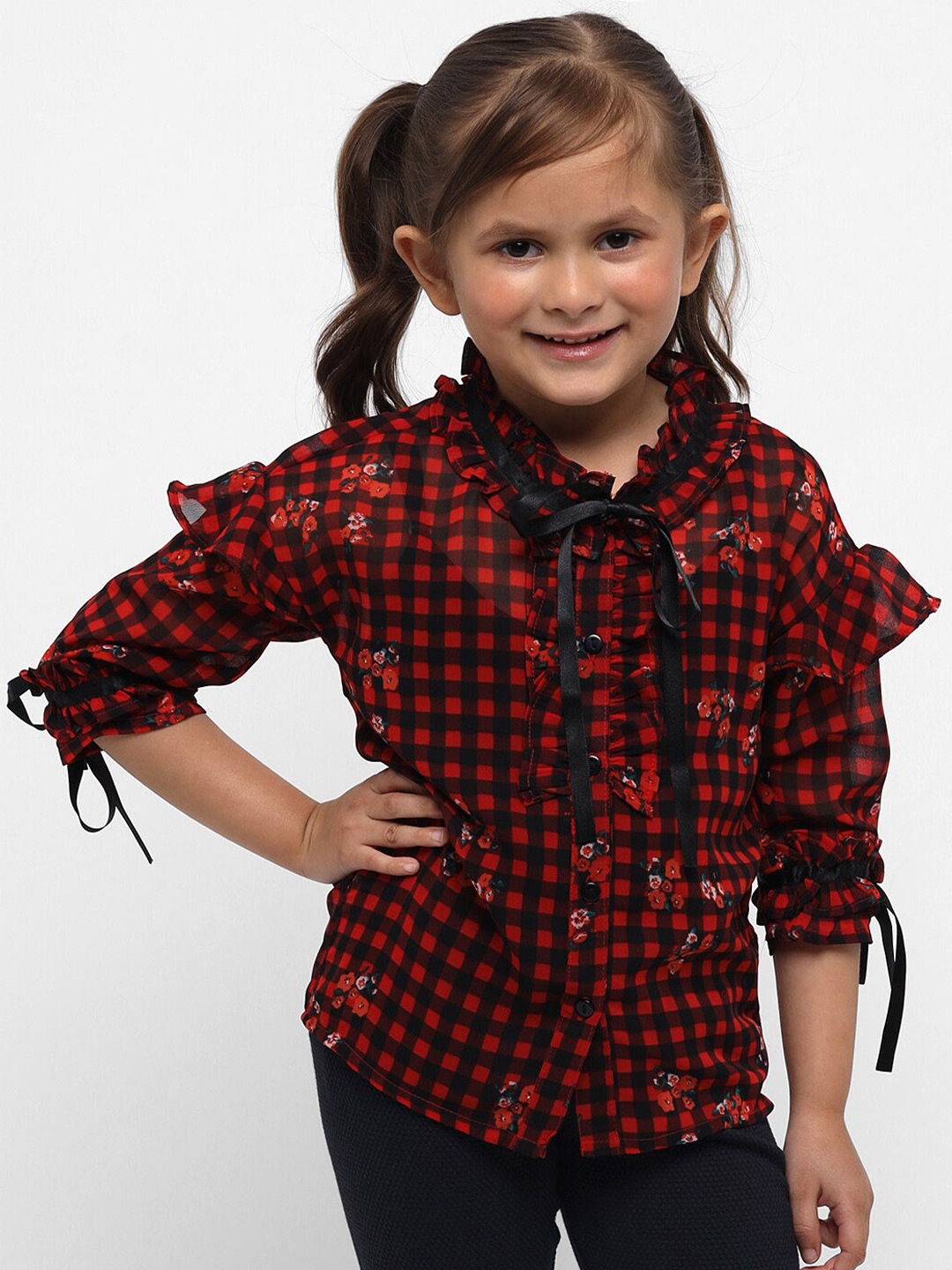 

Nauti Nati Checked Tie-Up Neck Georgette Pure Cotton Shirt Style Top, Red
