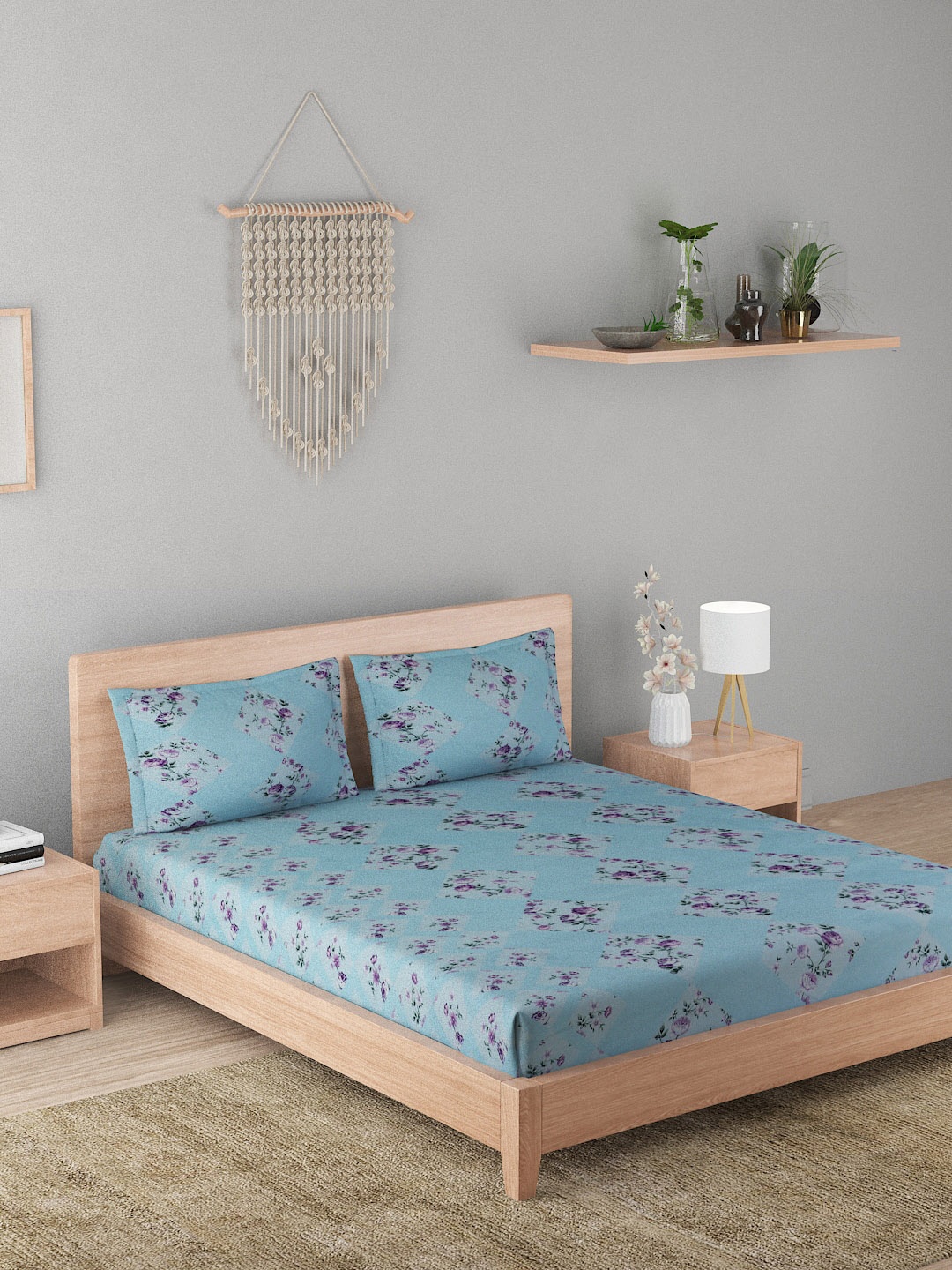 

A Homes Grace Blue & Purple Printed 180 TC Cotton Queen Bedsheet with 2 Pillow Covers