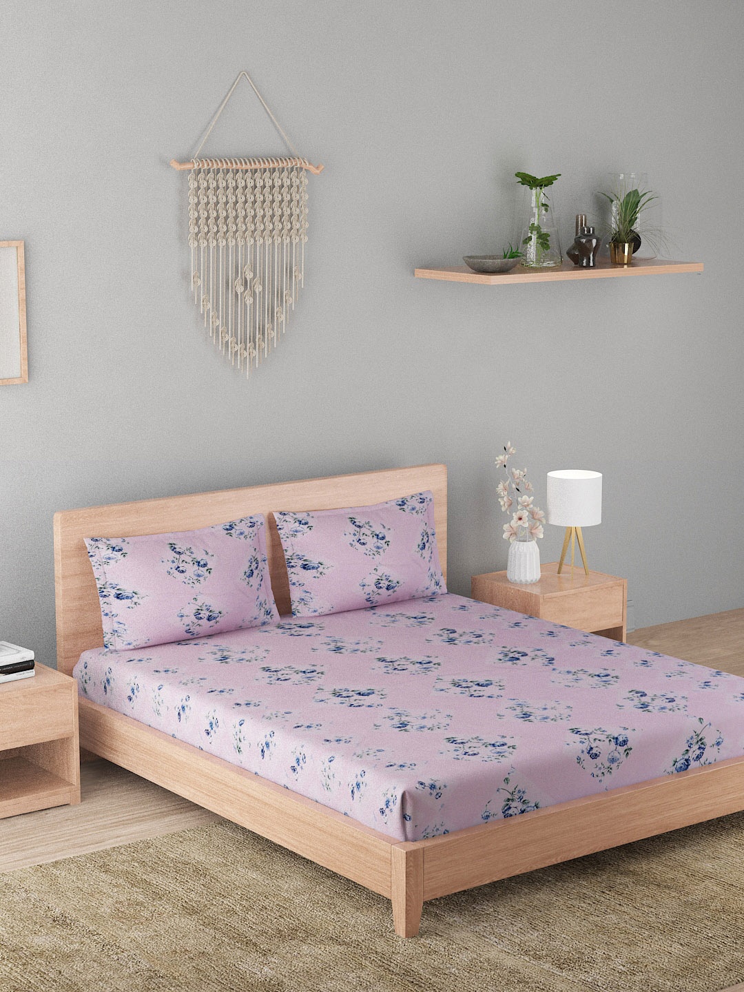 

A Homes Grace Pink & Blue Floral Printed 180 TC Cotton Queen Bedsheet with 2 Pillow Covers