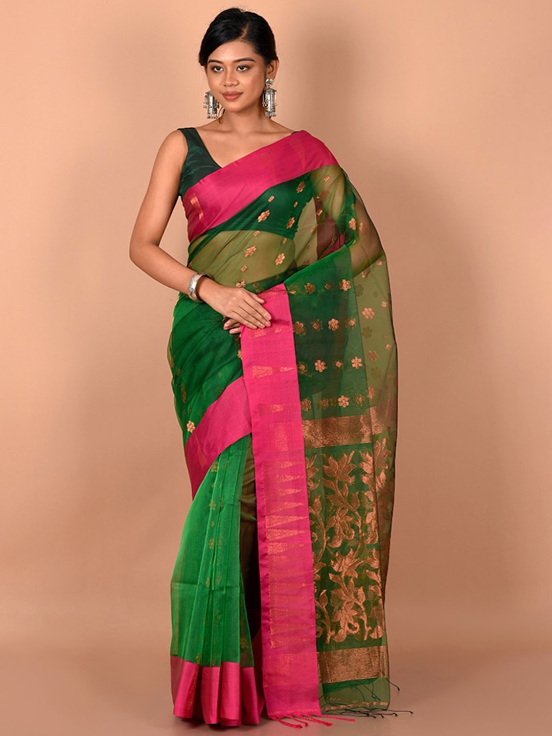 

AllSilks Green & Pink Woven Design Saree