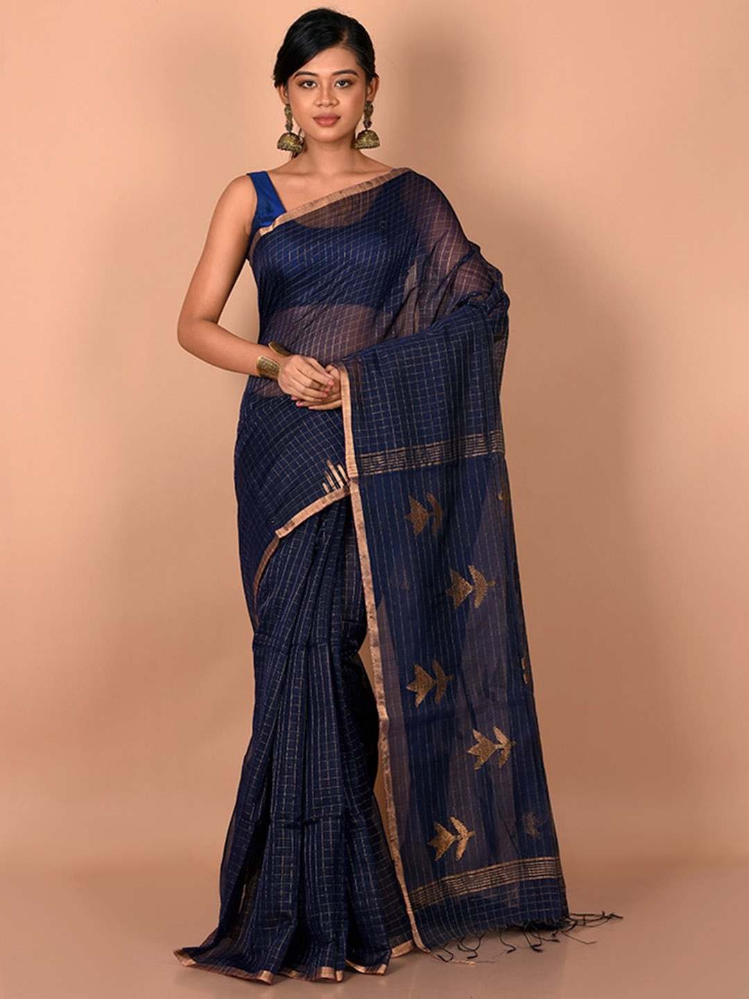 

AllSilks Blue & Gold-Toned Woven Design Saree