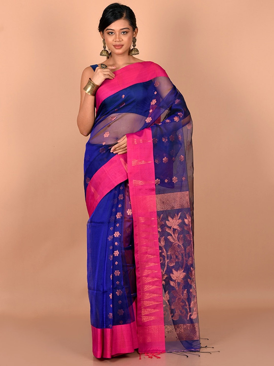 

AllSilks Blue & Pink Woven Design Saree