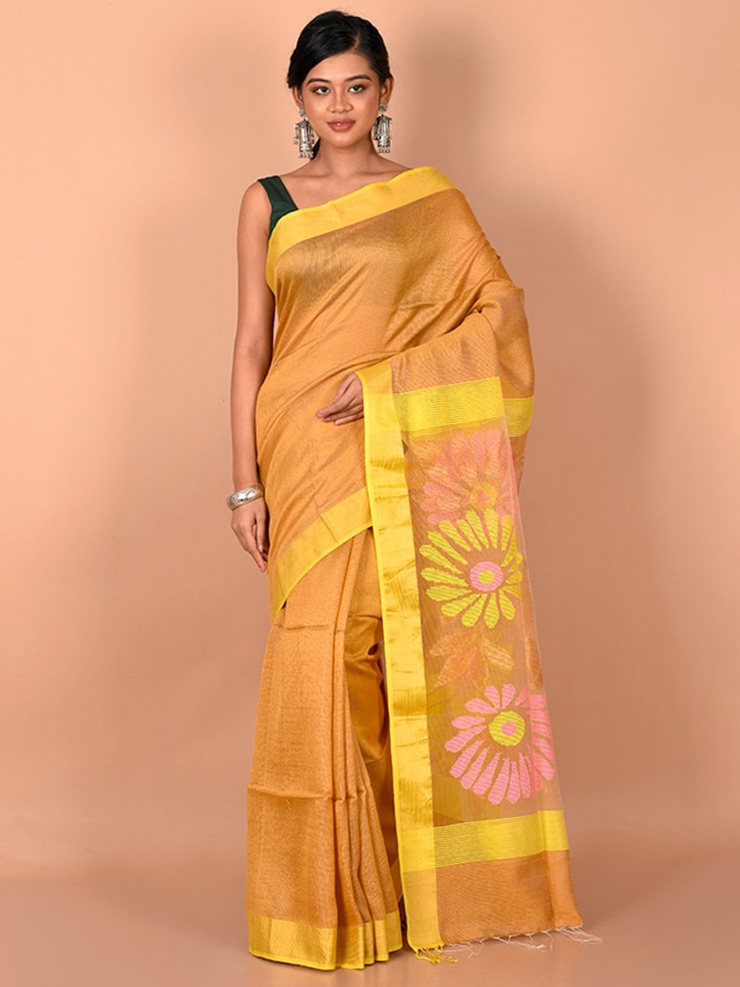 

AllSilks Yellow & Pink Striped Zari Saree