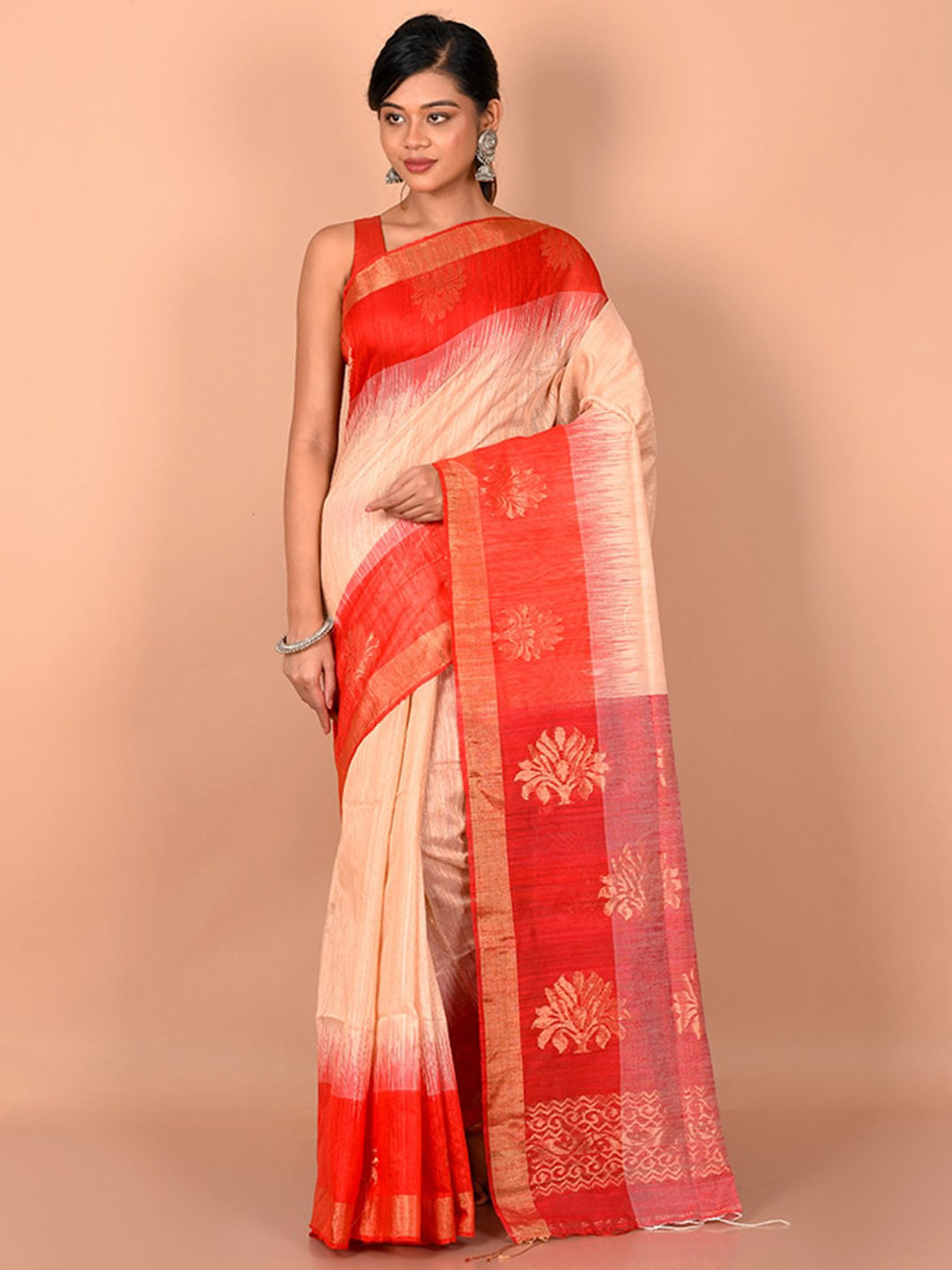 

AllSilks Cream-Coloured & Red Zari Saree