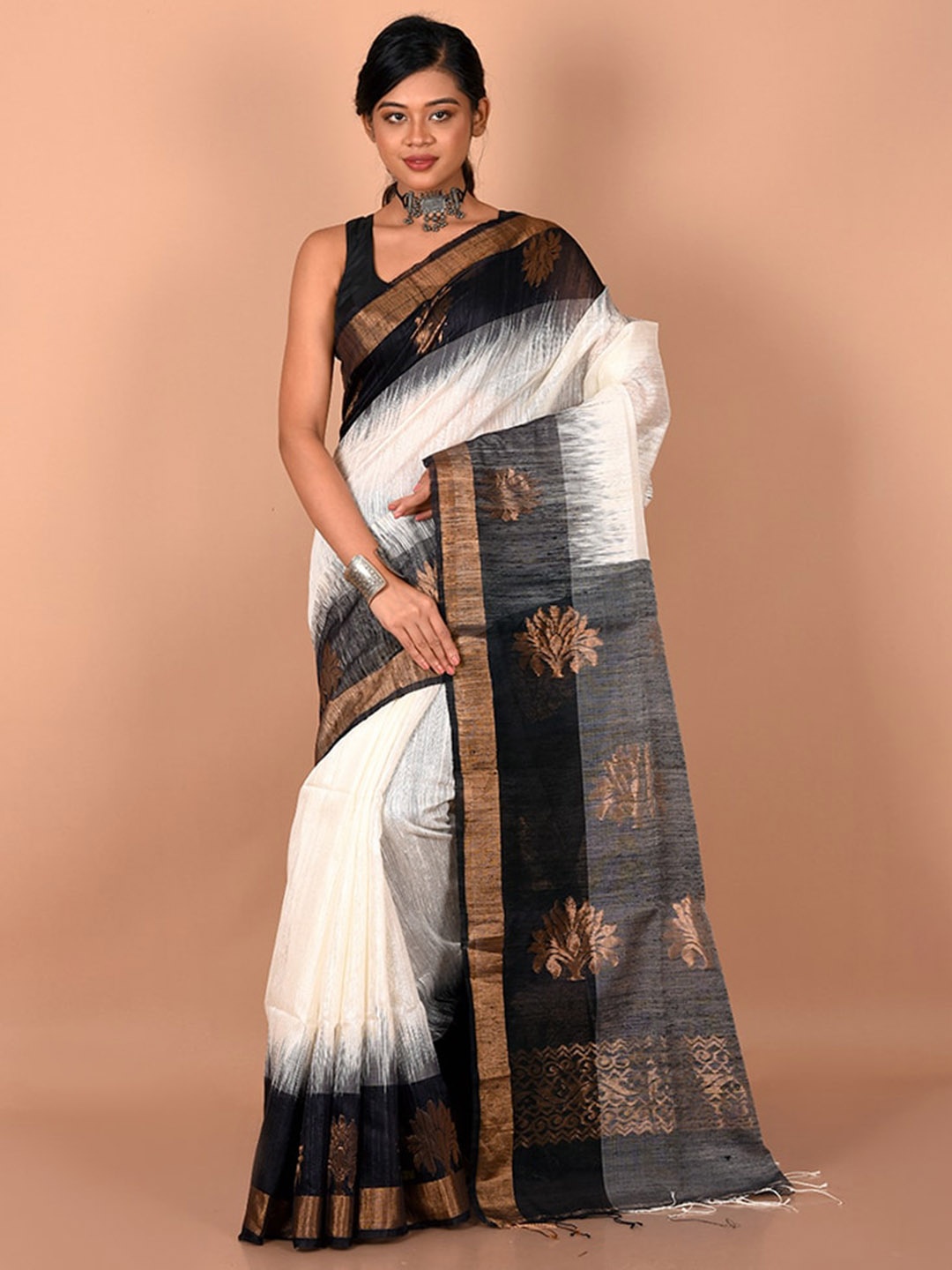 

AllSilks White & Black Zari Saree