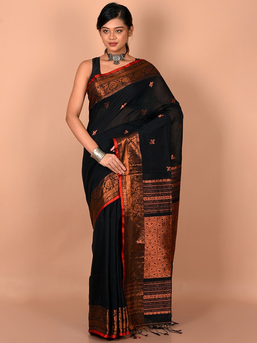 

AllSilks Black & Copper-Toned Woven Design Zari Saree