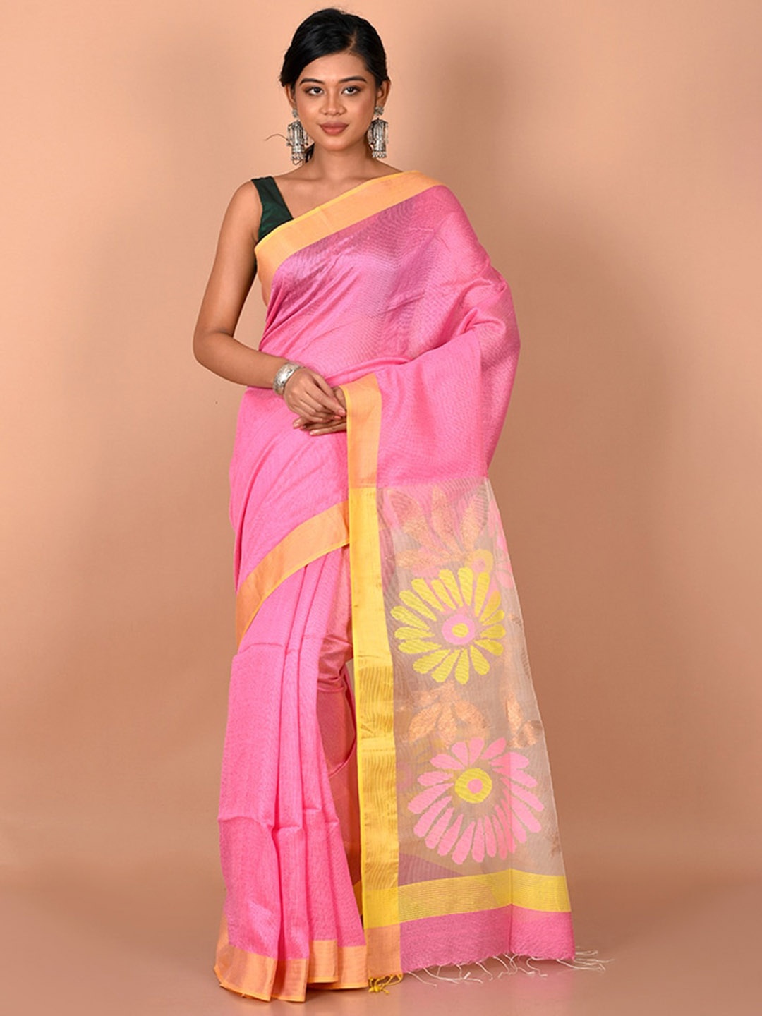 

AllSilks Pink & Yellow Zari Saree