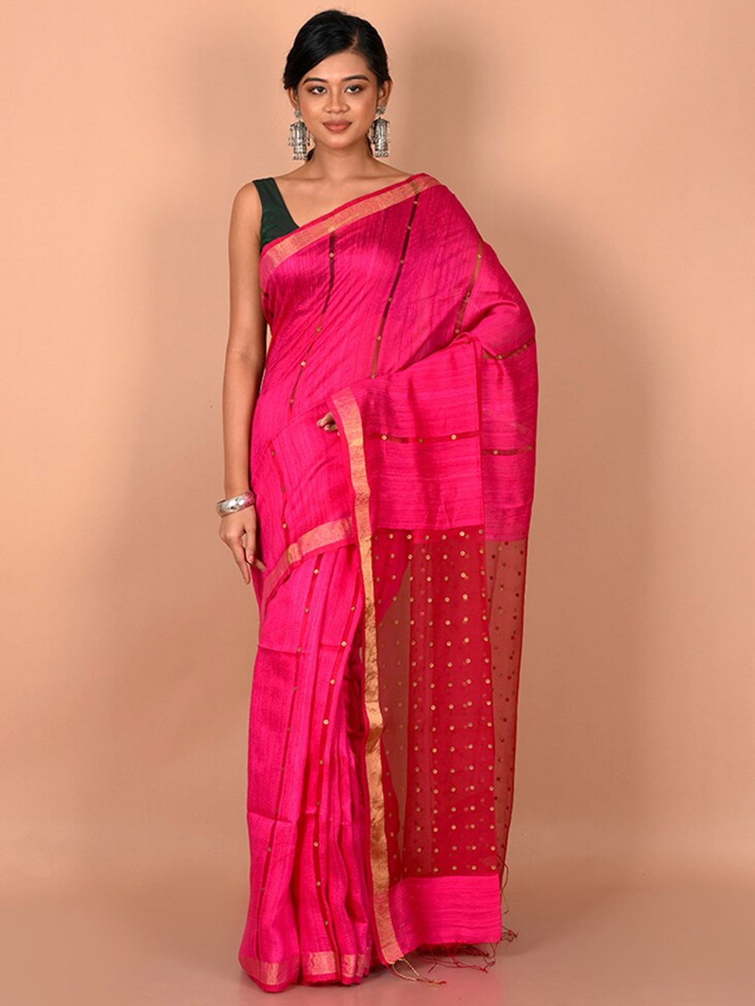 

AllSilks Pink & Gold-Toned Woven Design Zari Saree