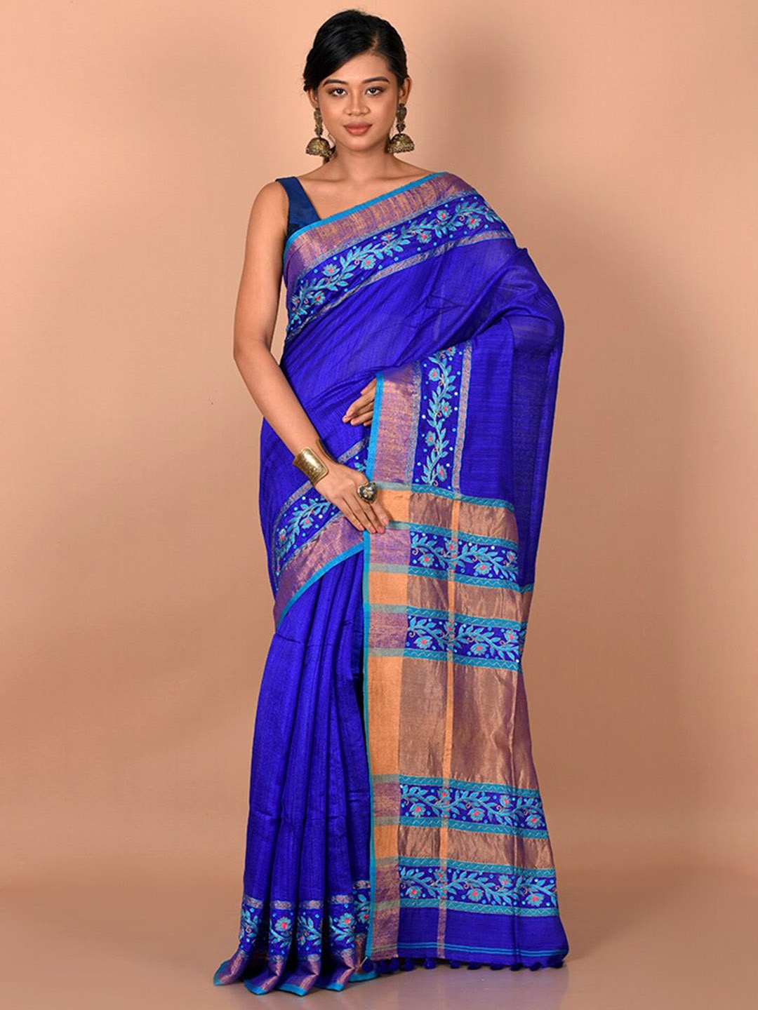 

AllSilks Blue & Copper-Toned Woven Design Zari Saree