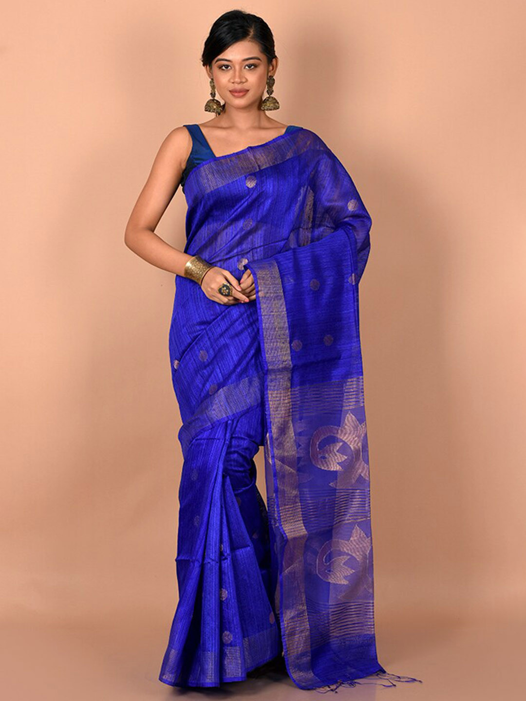 

AllSilks Blue & Gold-Toned Woven Design Saree