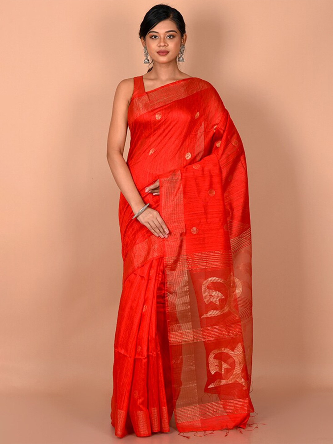 

AllSilks Red & Gold-Toned Woven Design Saree