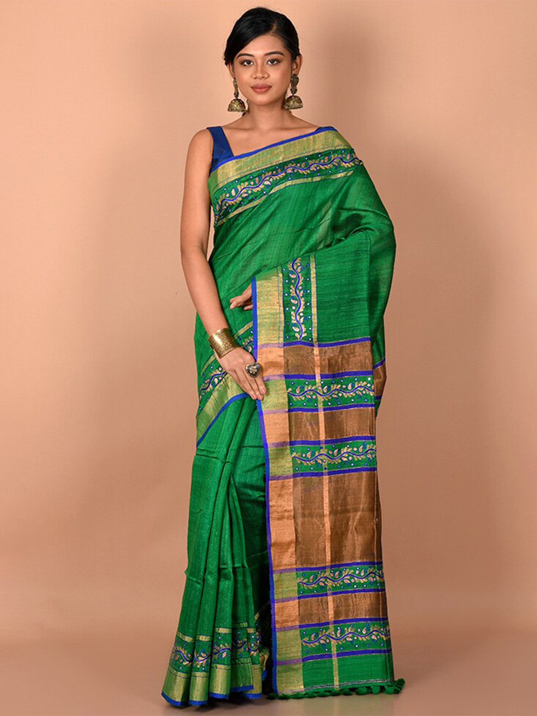 

AllSilks Green & Gold-Toned Woven Design Zari Saree