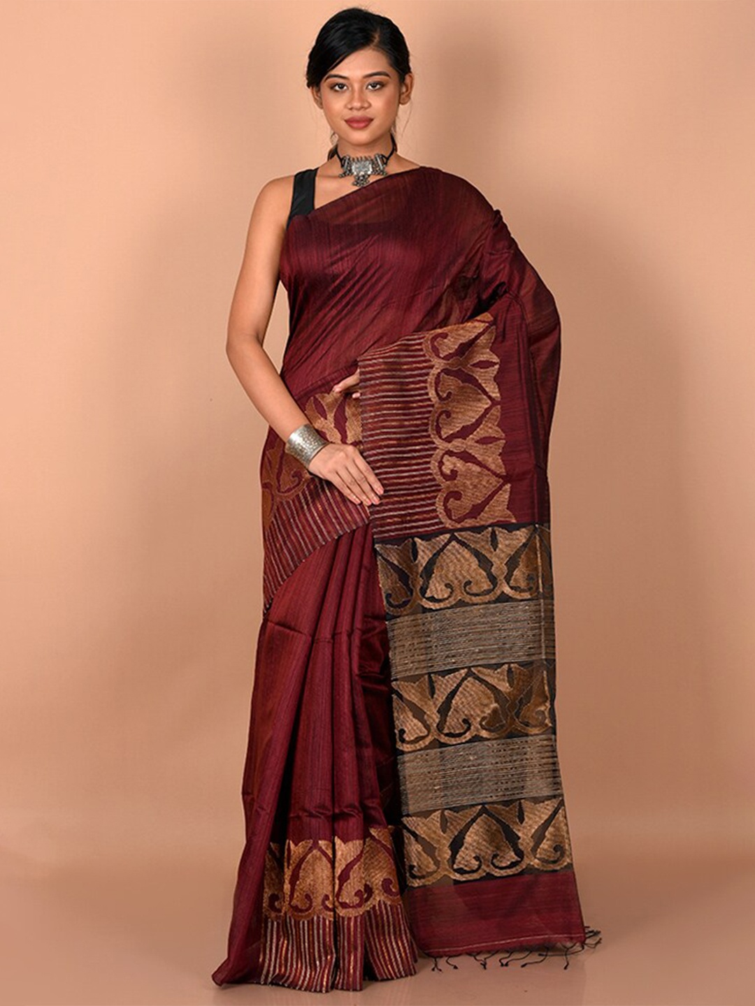

AllSilks Maroon & Copper-Toned Woven Design Saree