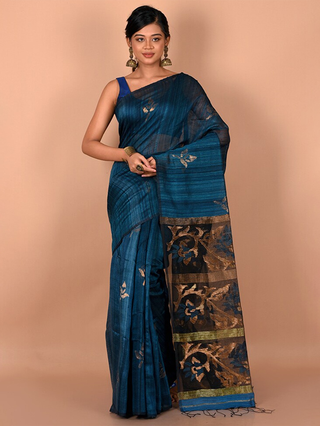 

AllSilks Blue & Gold-Toned Woven Design Zari Saree