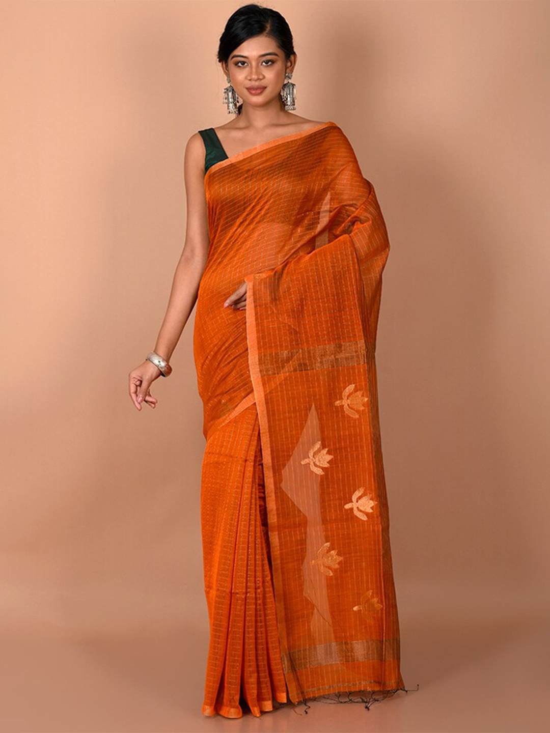 

AllSilks Rust & Gold-Toned Woven Design Zari Saree