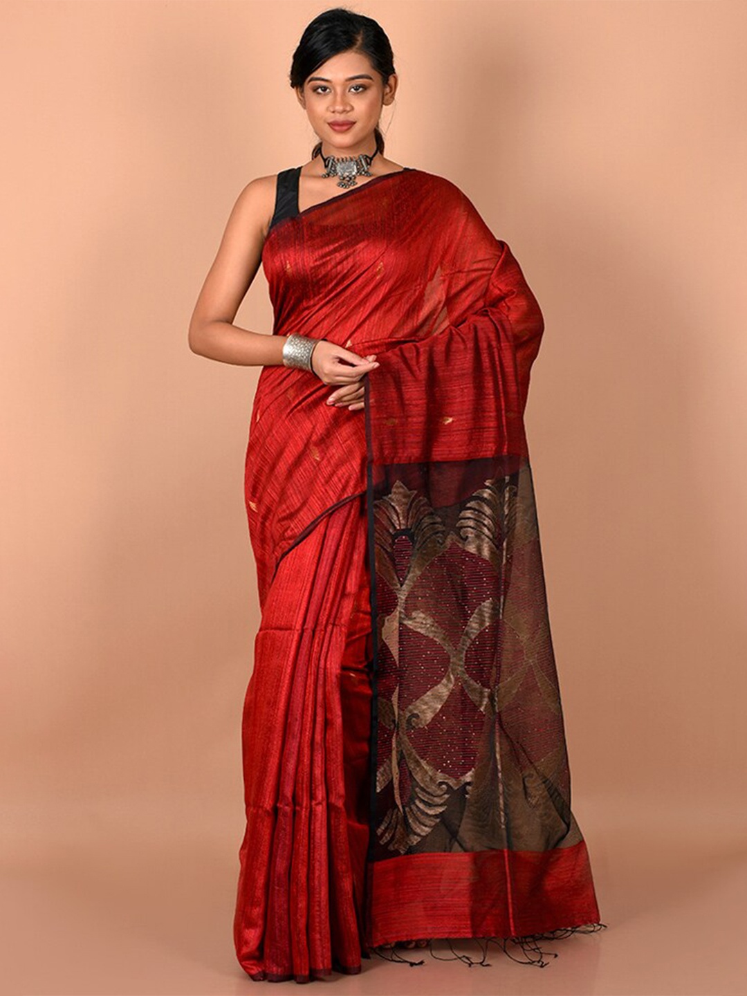 

AllSilks Maroon & Black Woven Design Saree
