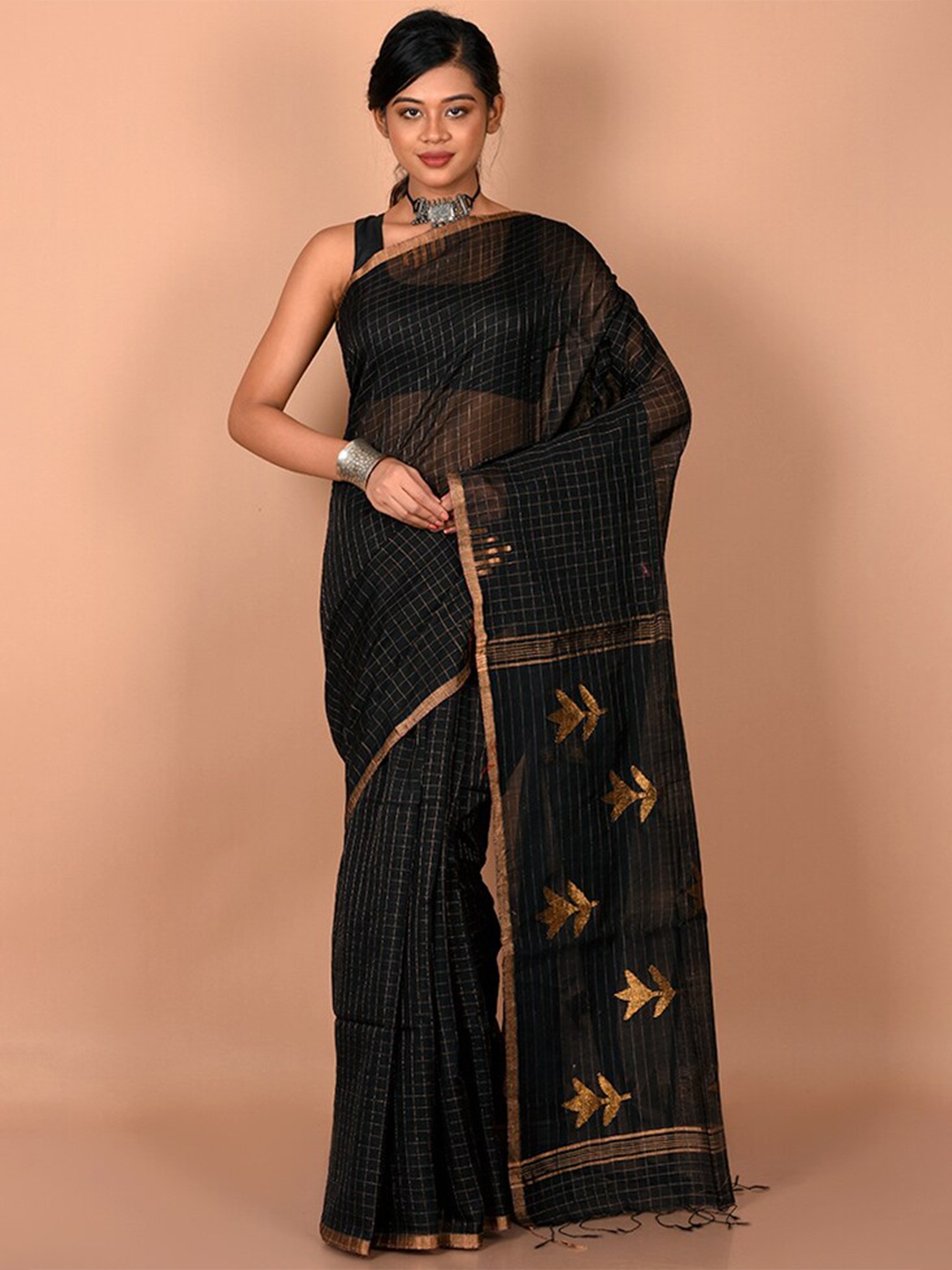 

AllSilks Black & Copper-Toned Woven Design Zari Saree