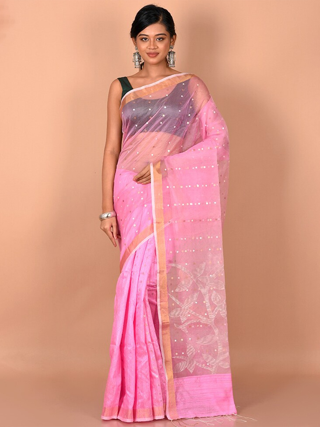 

AllSilks Pink & Gold-Toned Woven Design Zari Saree