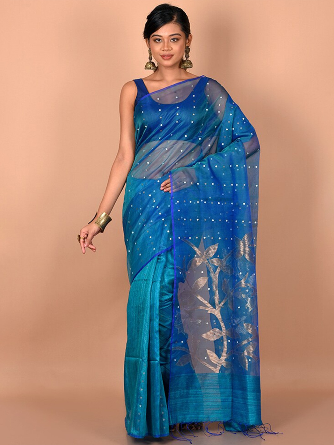 

AllSilks Blue & Gold-Toned Woven Design Zari Saree