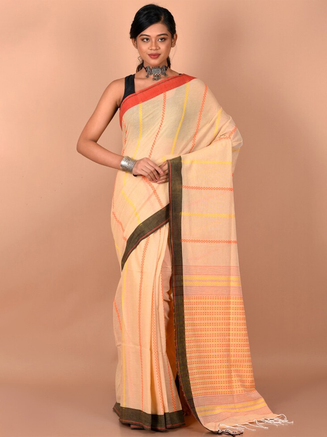 

AllSilks Cream-Coloured & Red Woven Design Pure Cotton Saree