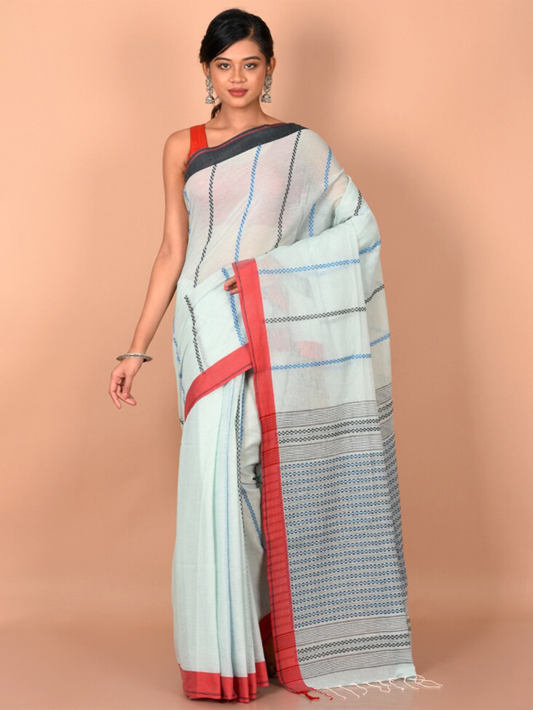 

AllSilks Grey & Red Woven Design Pure Cotton Saree