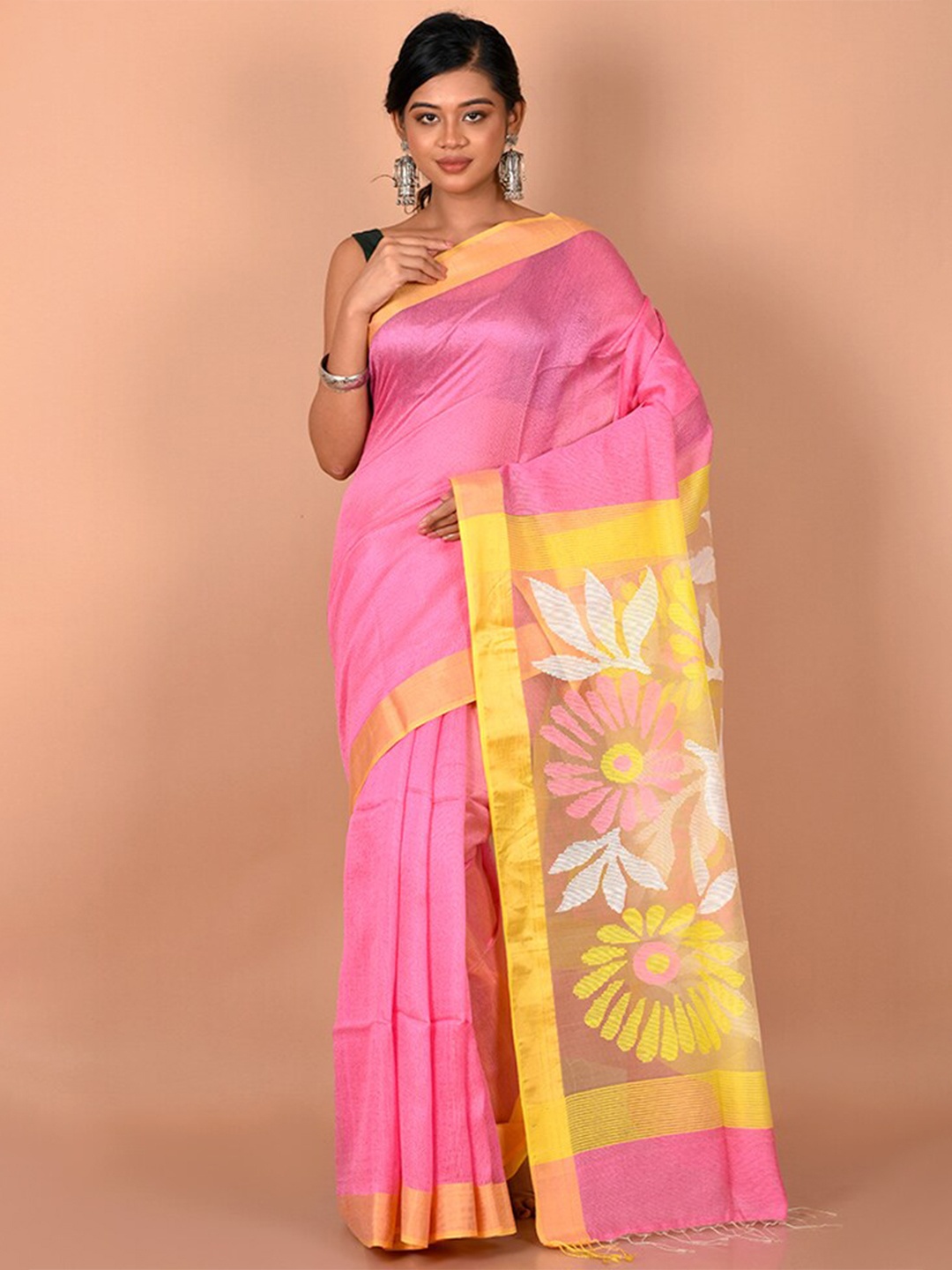 

AllSilks Pink & Yellow Woven Design Saree